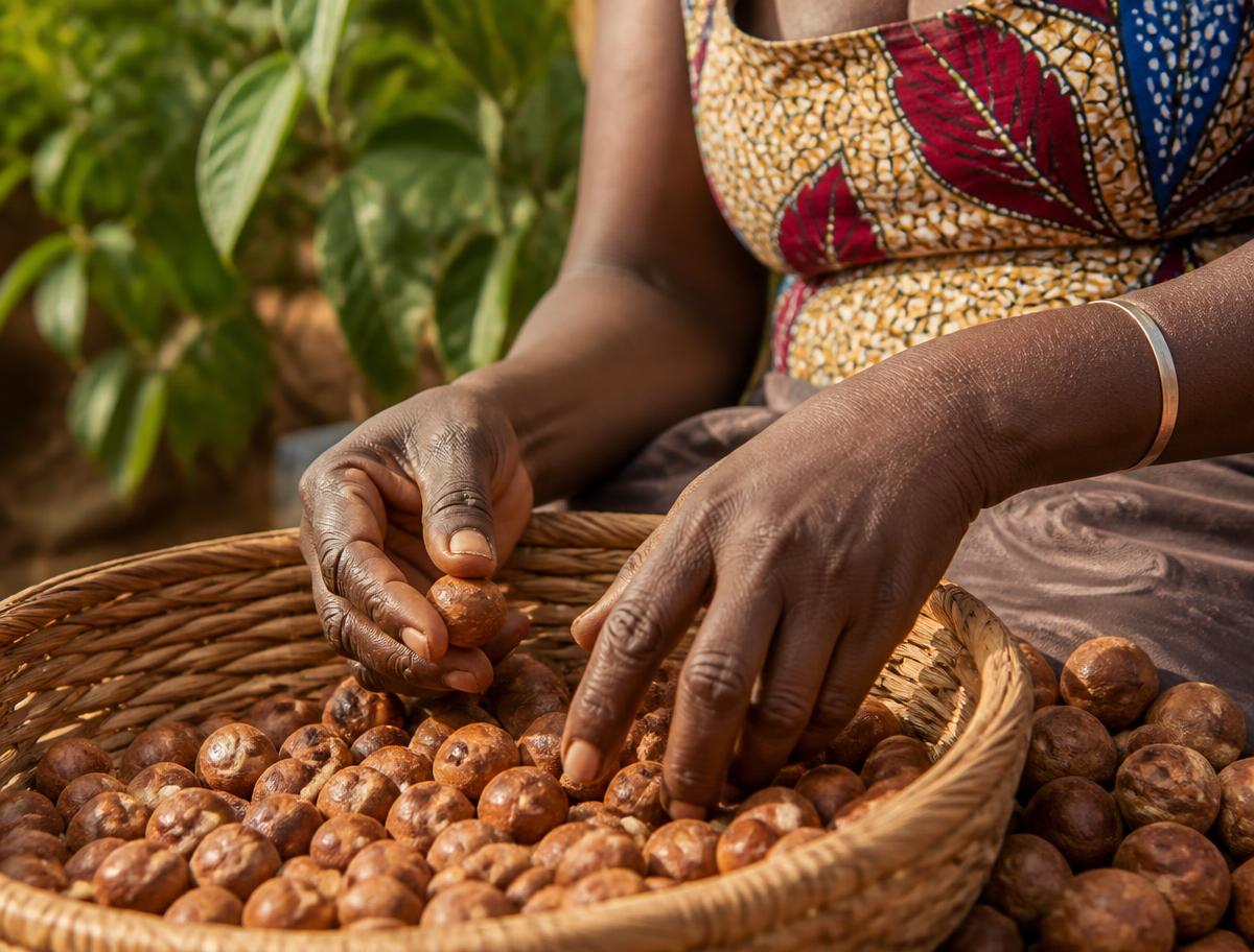 Careful sorting of natural shea nuts in Ghana